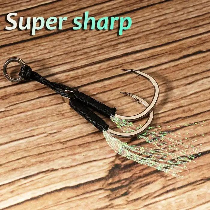 10 hameçons assistés pour leurres de pêche slow jigging en acier haute teneur carbone, plume et barbelures