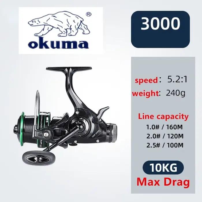 Moulinet Okuma double frein 20kg drague ratio 5.2:1 14+1BB, cupule métal série 3000-6000