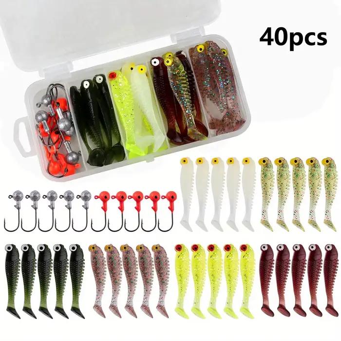 Kit 40 leurres souples 5cm avec têtes plombées - Boîte de pêche complète pour carnassiers