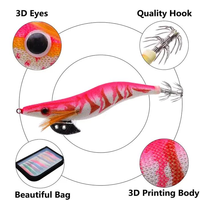 Appâts de pêche en mer avec hameçon à calmar crevette en bois et yeux 3D lumineux pour pêcheurs expérimentés