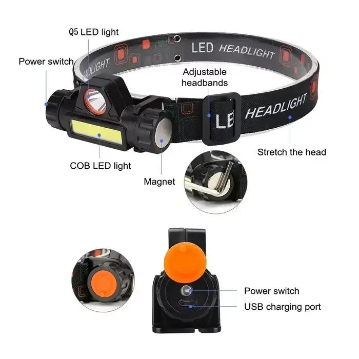 Lampe frontale COB Q5 avec batterie 18650 intégrée et gradation continue pour pêche et camping nocturne
