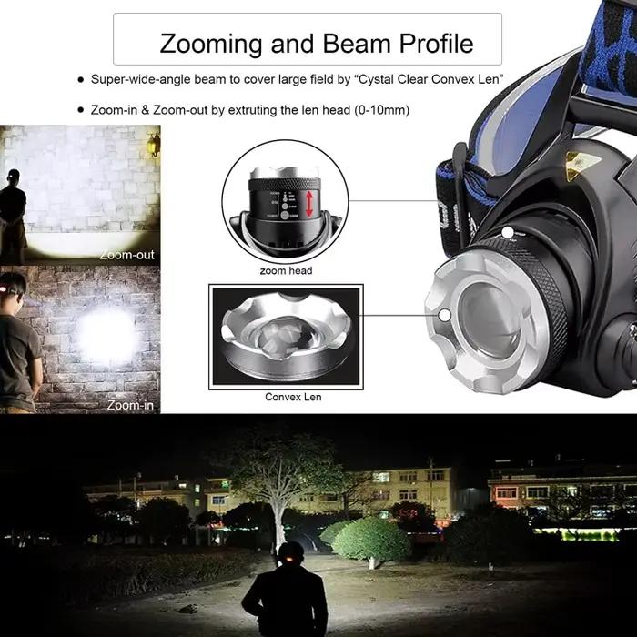 Lampe frontale LED ultra lumineuse zoomable pêche camping étanche haute puissance batteries 18650