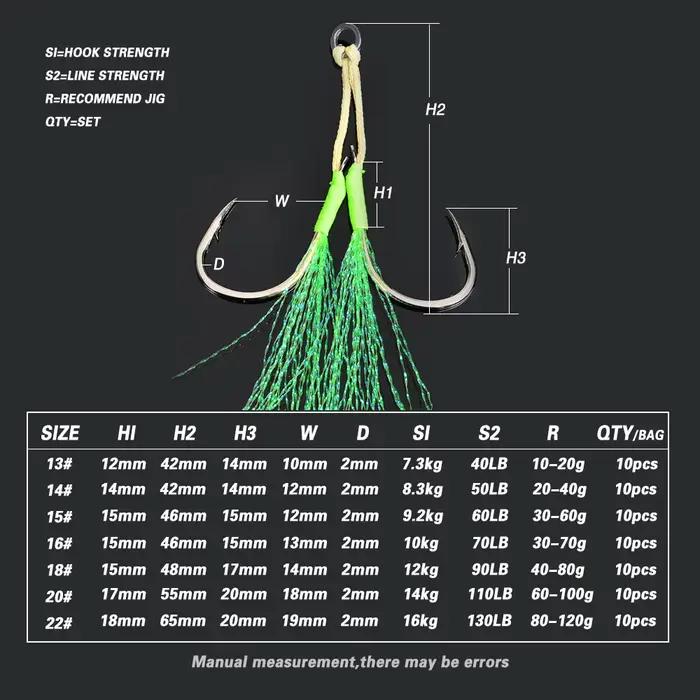 10 assist hooks métalliques avec plumes UV et anneau solide pour jigging de 10g à 120g pêche en mer