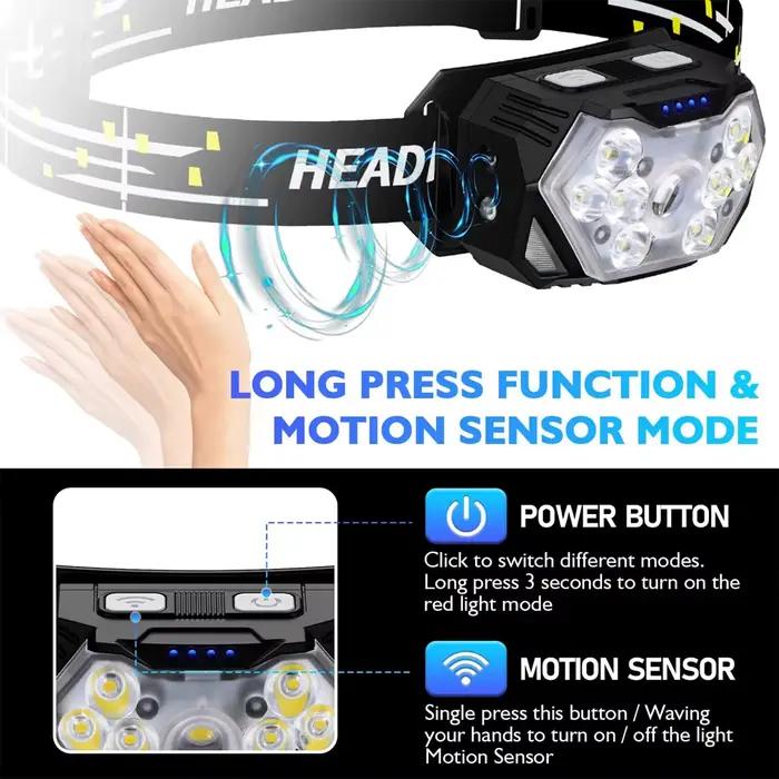 Lampe frontale 9 LED puissante rechargeable USB détecteur mouvement pour pêche camping