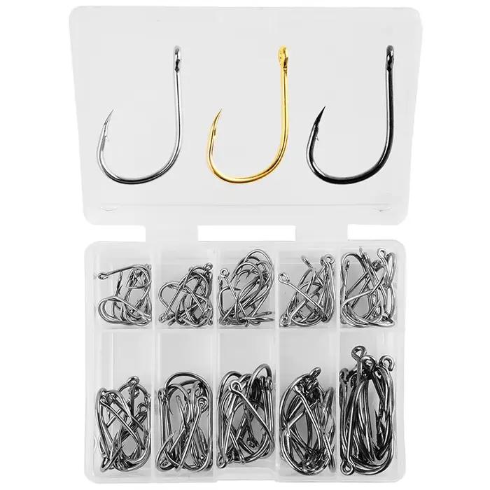 Hameçons de pêche 100 pièces boîte 10 séries acier carbone simple cercle pour carpe et mouche