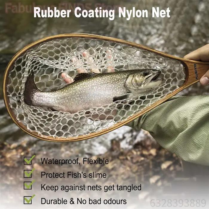 Fly Fishing Landing Nets Wooden Handle Transparent Rubber/Nylon Mesh Trout Mesh