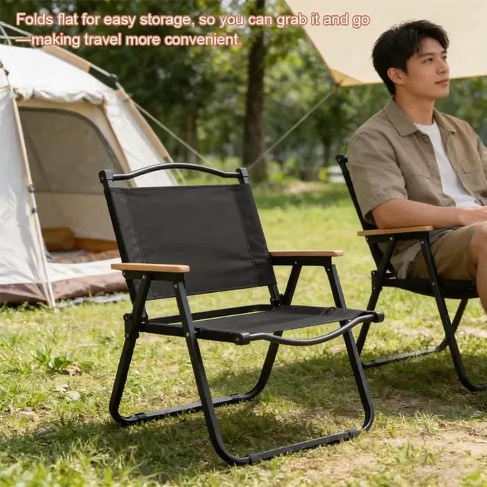 Chaise de camping pliante avec accoudoirs bois - Siège pêche style vintage pour plage et pique-nique