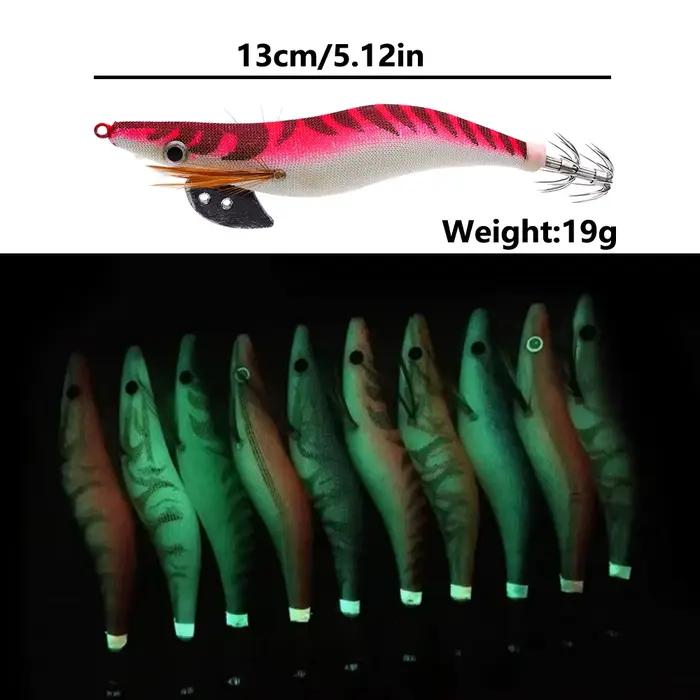 Appâts de pêche en mer avec hameçon à calmar crevette en bois et yeux 3D lumineux pour pêcheurs expérimentés