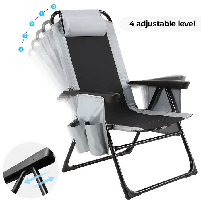 Chaise pliante dossier et accoudoirs réglables - Siège camping gris oxford 140kg pour pêche