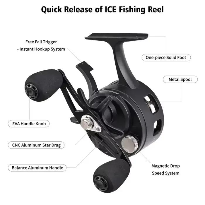 Moulinet pêche glace grand diamètre bobine avec freespool et spool métal 3+1 pour appâts fluides
