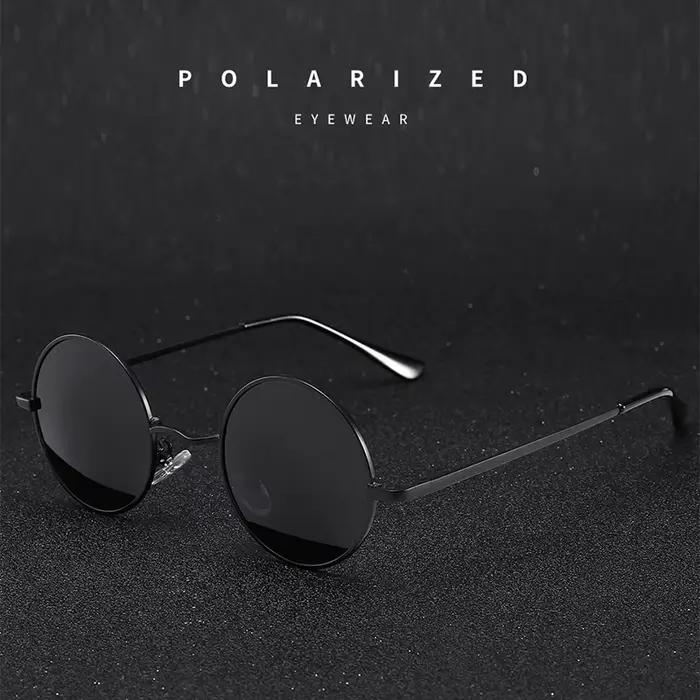 Lunettes de soleil polarisées vintage rondes pour pêche - Monture métal alliage noir UV400 - Homme Femme