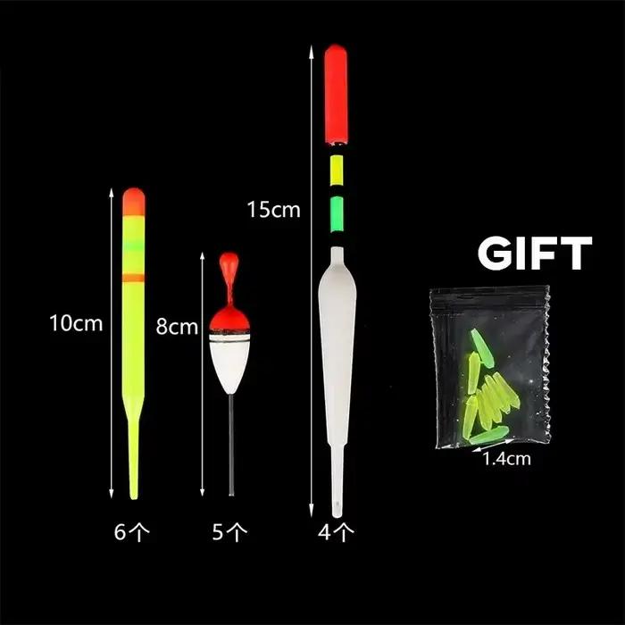 Set 15 flotteurs verticaux professionnels avec bâton lumineux pour pêche à la carpe