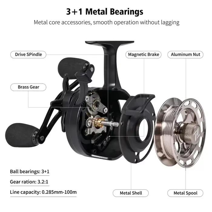 Moulinet pêche glace grand diamètre bobine avec freespool et spool métal 3+1 pour appâts fluides