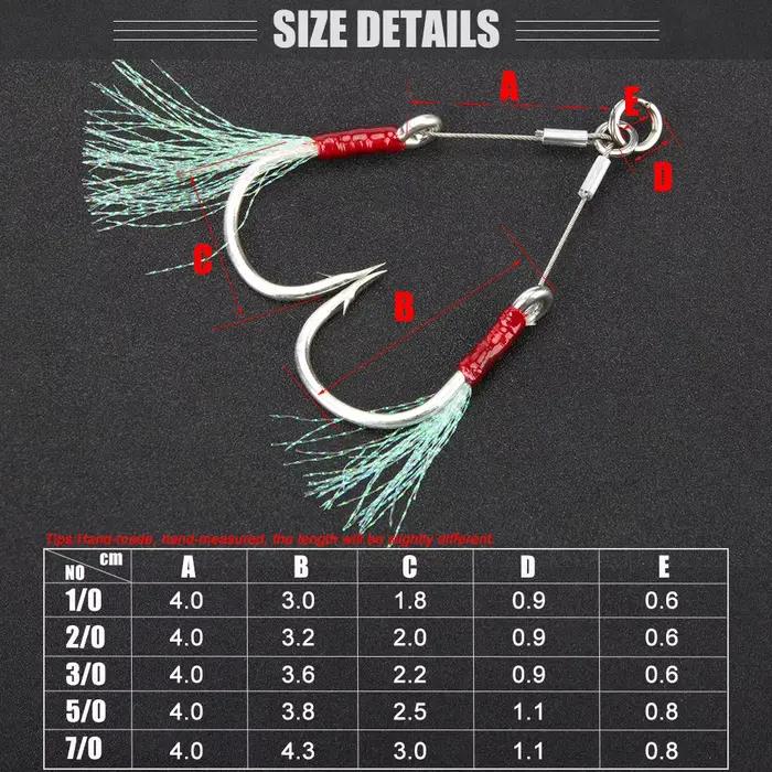 Hameçons doubles à plumes 2 paires pour jigging assisté - Tailles 1/0 à 7/0 pêche mer