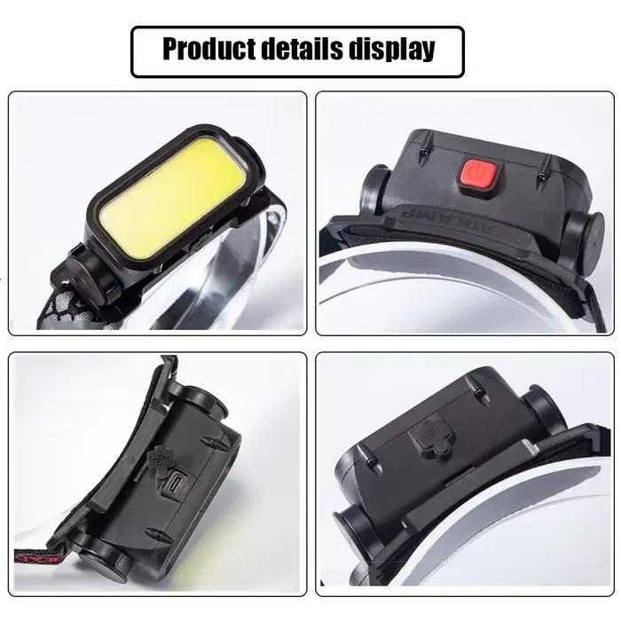 Lampe frontale COB LED rechargeable USB 4 modes avec batterie 18650 pour camping et pêche