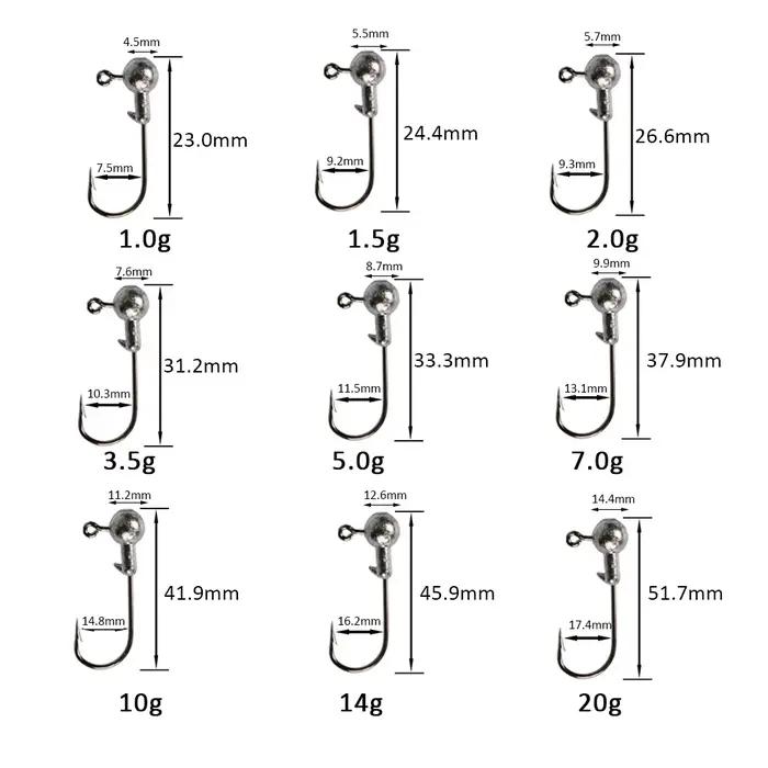 Hameçon plombé Jig Head 1g à 20g pour leurres souples - 20 à 50 pièces pour