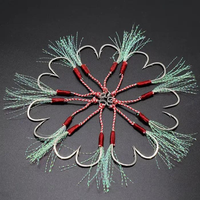 10 paires hameçons doubles jig avec plumes pour slow jigging pêche verticale mer