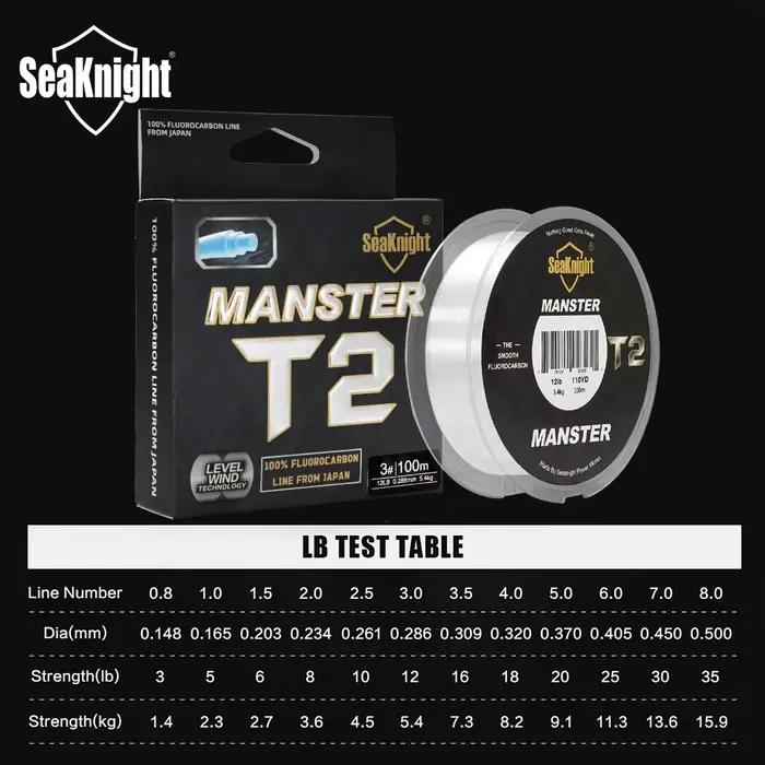 Ligne de pêche fluorocarbone 100% MANSTER T2 SeaKnight, 100M pour mer et surf, 3-35LB, fil carbone coulissant
