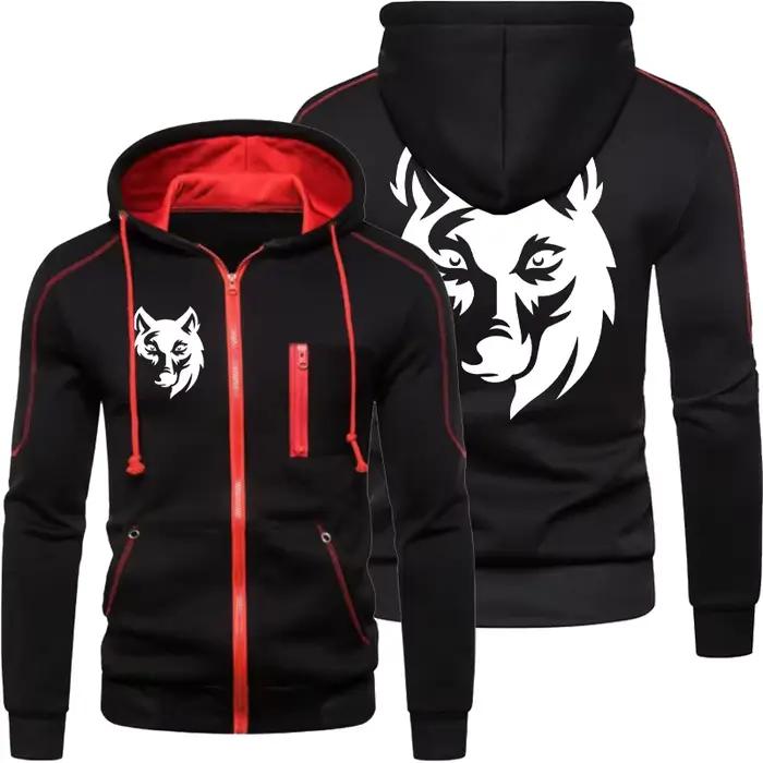 Sweatshirt à capuche homme impression loup - Veste zippée confortable pêche automne hiver