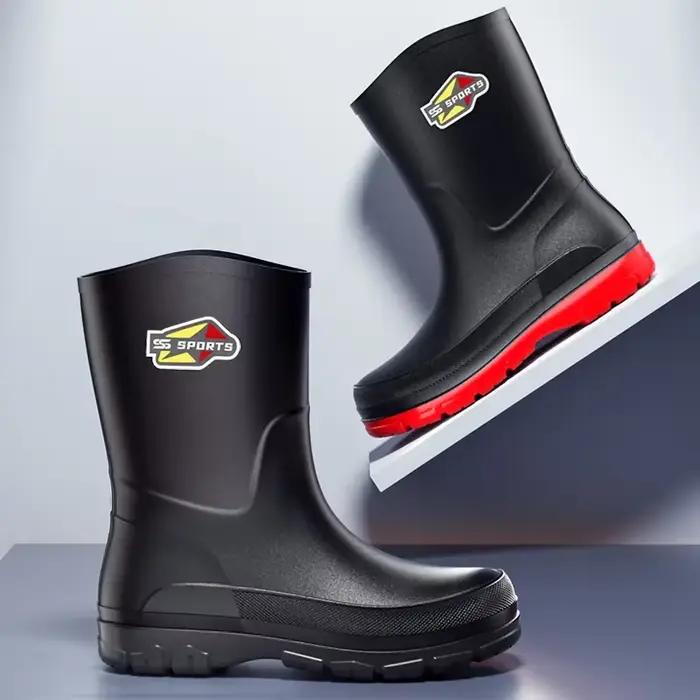 Bottes de pêche mi-mollet homme noir pur - Chaussures imperméables antidérapantes tailles 30-48 écologiques