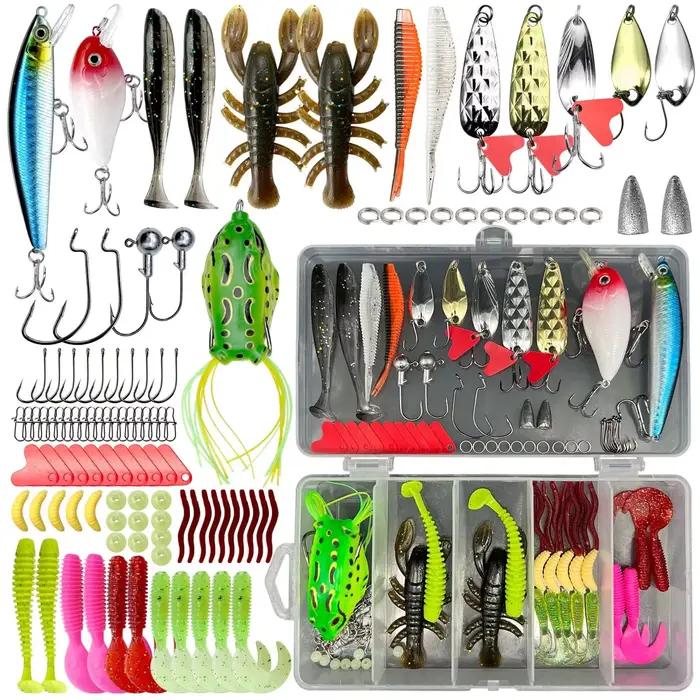 Kit de pêche leurres souples et durs avec cuillères métalliques pour brochet et perche coffret rangement