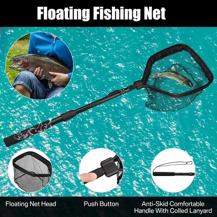 Filet de pêche flottant pliable - Filet à poissons télescopique caoutchouté eau douce/salée