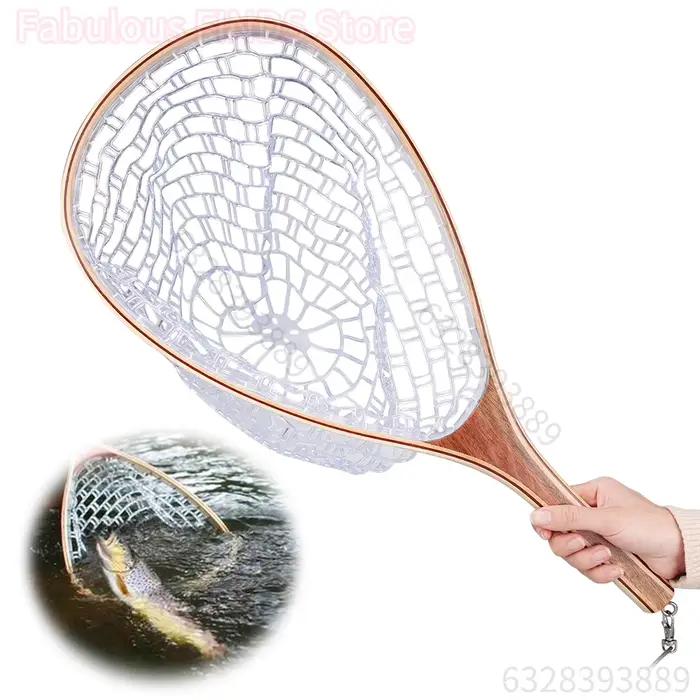 Fly Fishing Landing Nets Wooden Handle Transparent Rubber/Nylon Mesh Trout Mesh