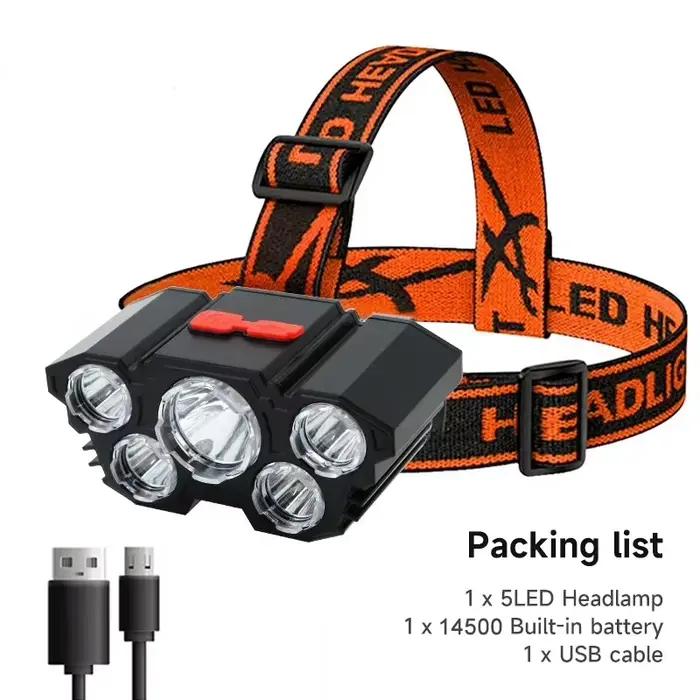 Lampe frontale rechargeable 5 LED imperméable pour pêche aventure camping et activités nocturnes
